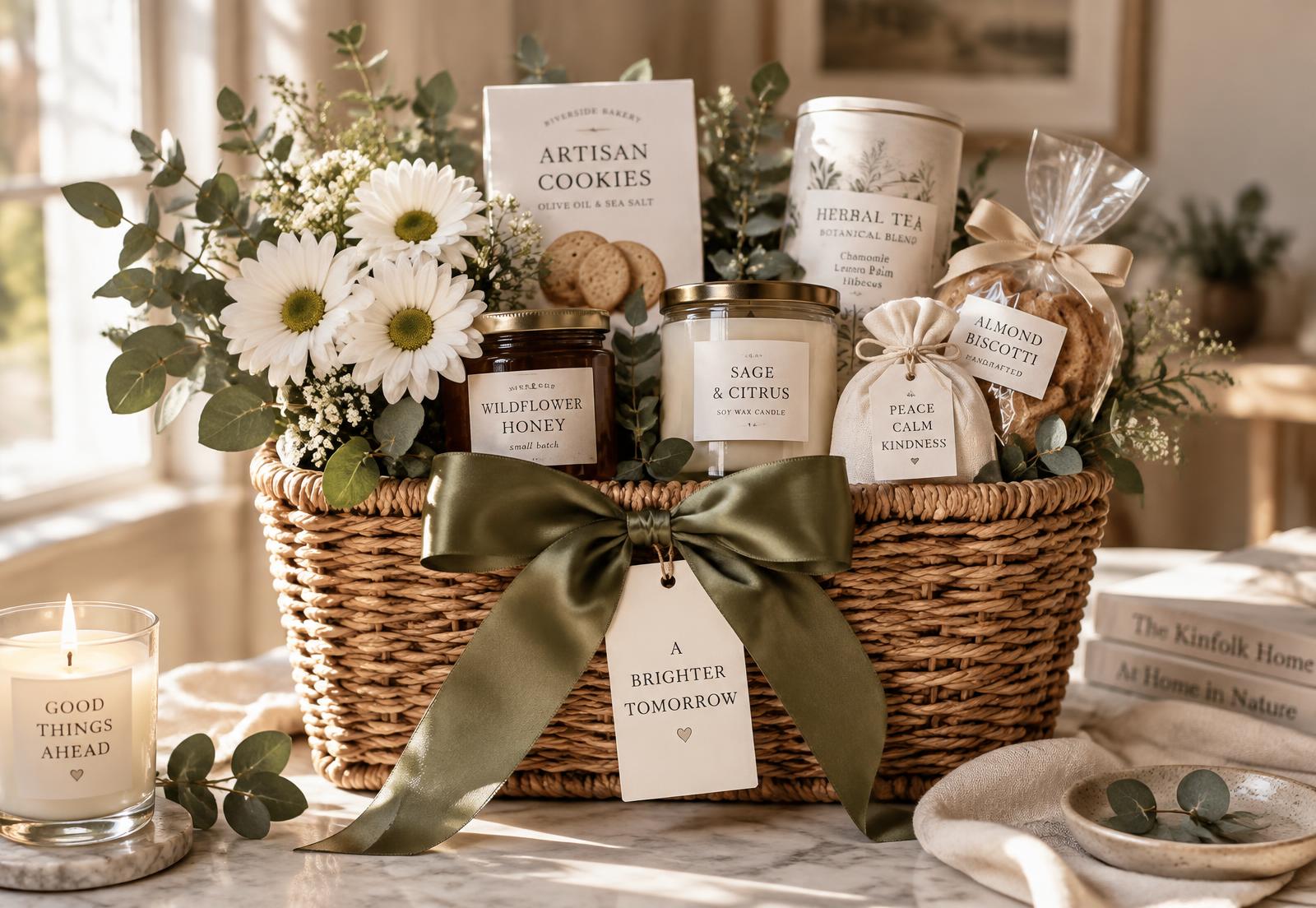 A curated Lysa's Gifts basket tied with an olive green ribbon